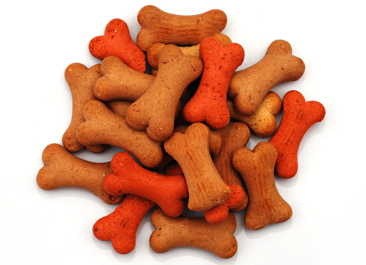 A pile of bone-shaped dog biscuits on a white background