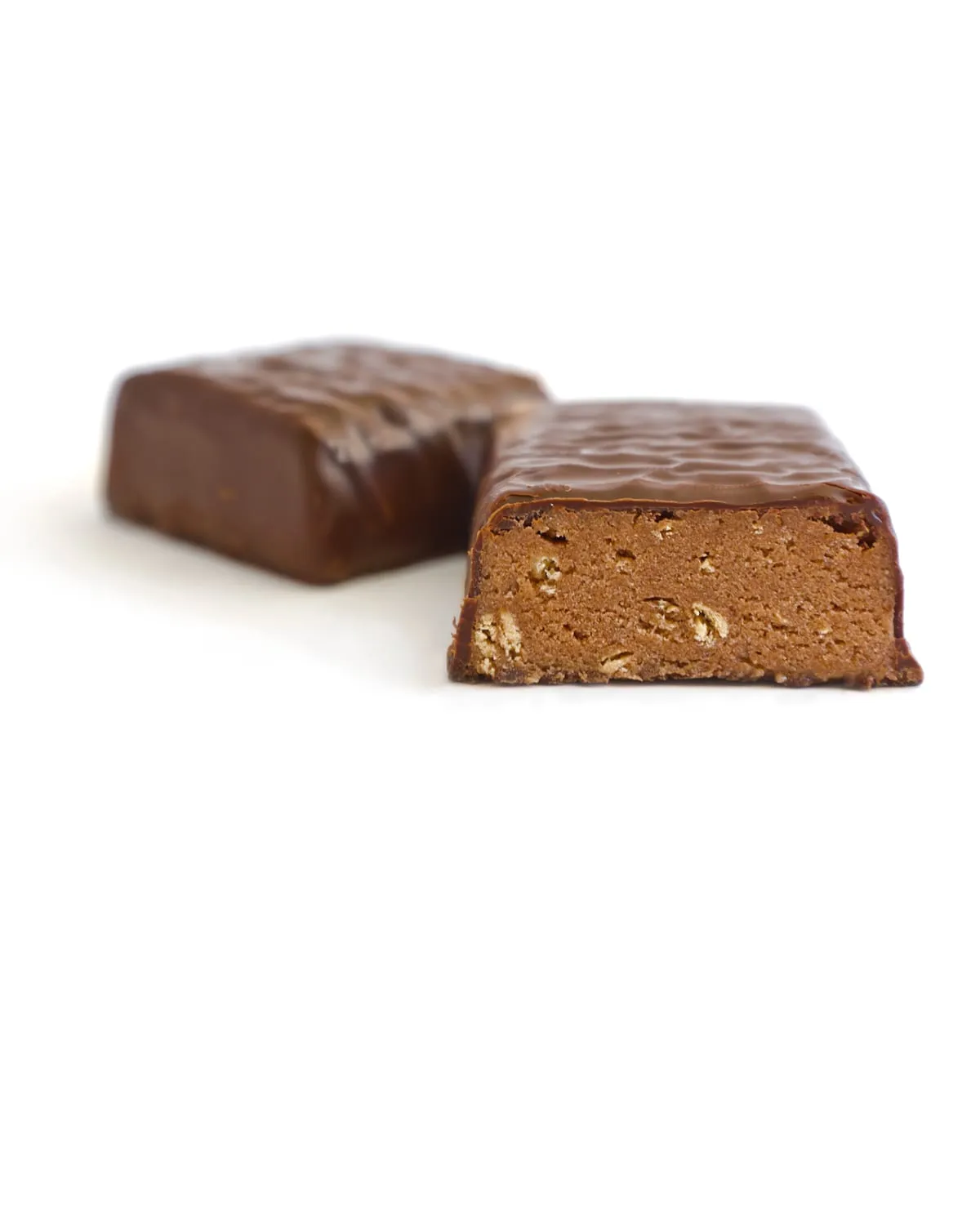 Chocolate-coated nutritional bars on a white background