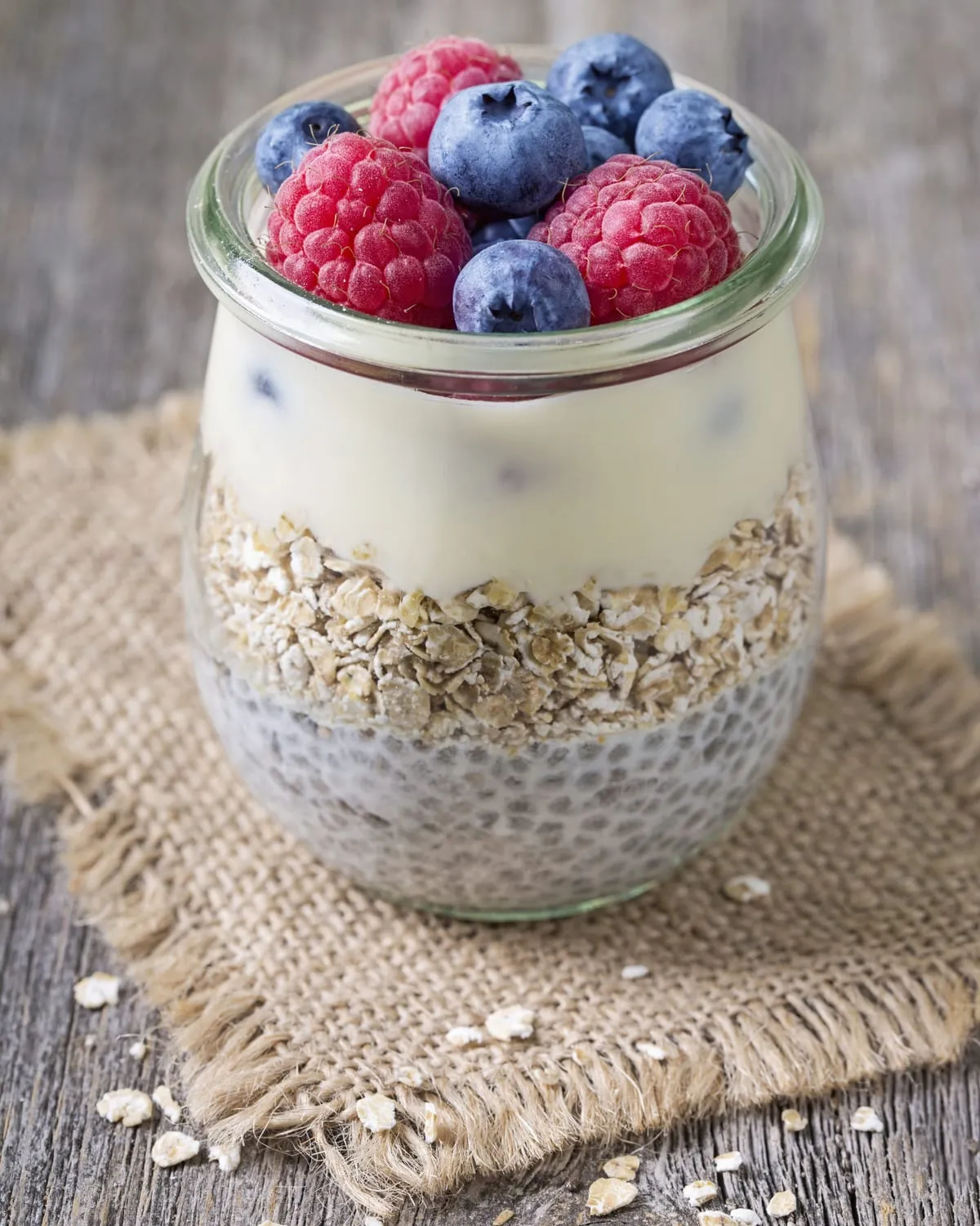 Overnight oats layered with chia and fresh berries