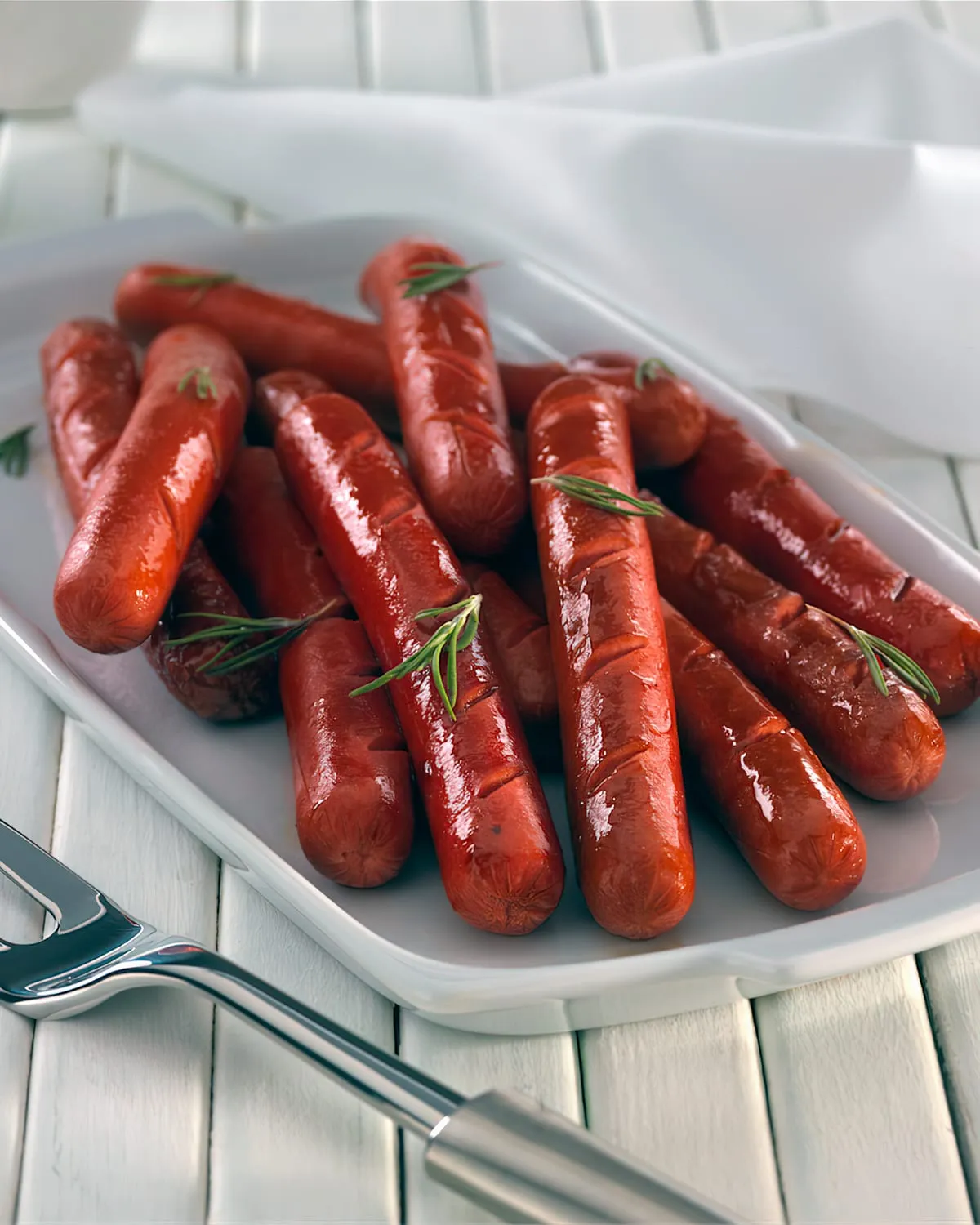 Grilled sausages on a white platter